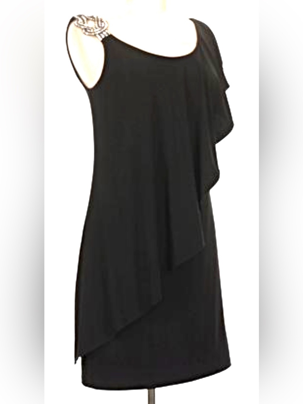 Betsy & Adam Black Layered Cocktail Dress Rhinestone Embellished Shoulder  6